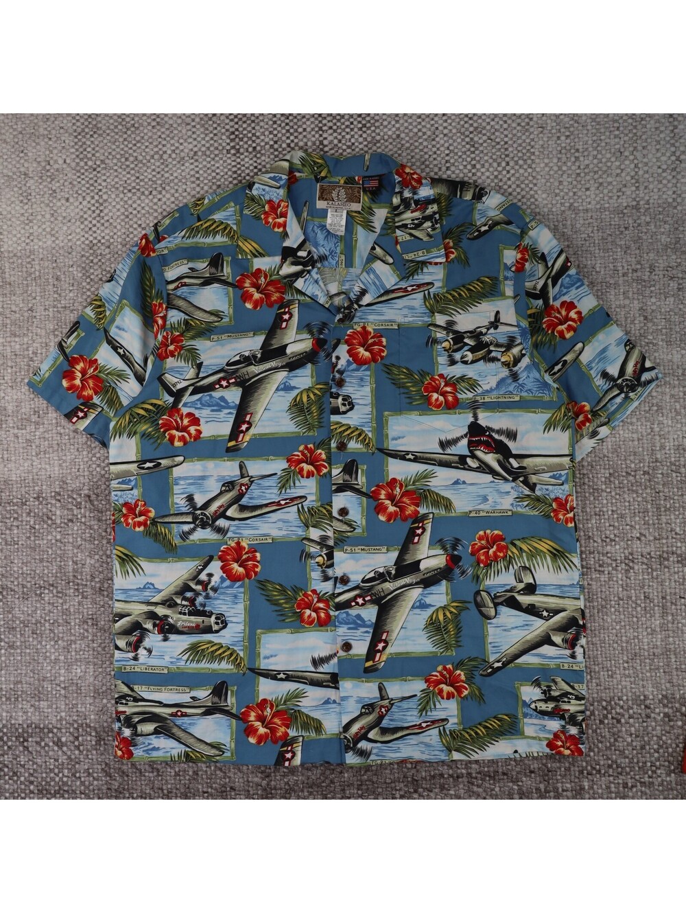 Kalaheo Vintage World War II Warplanes Hawaiian Aloha Shirt Blue Large